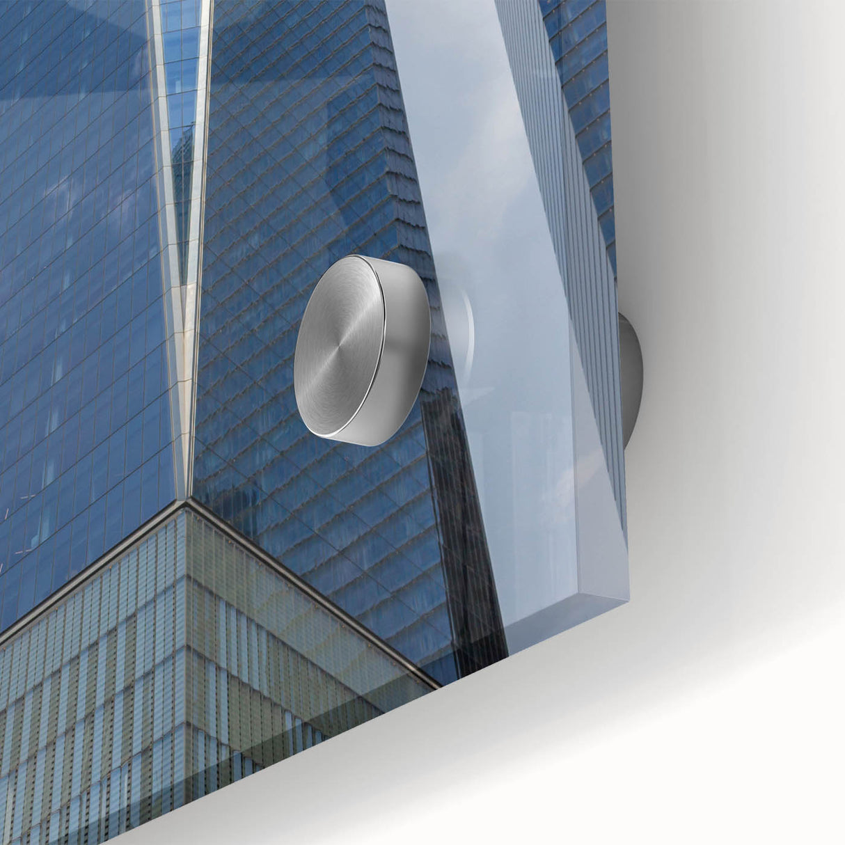 Large abstract wall art of NYC's Trade Center in muted gray tones, acrylic glass, ideal for dining room ambiance.