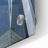 Large abstract wall art of NYC's Trade Center in muted gray tones, acrylic glass, ideal for dining room ambiance.