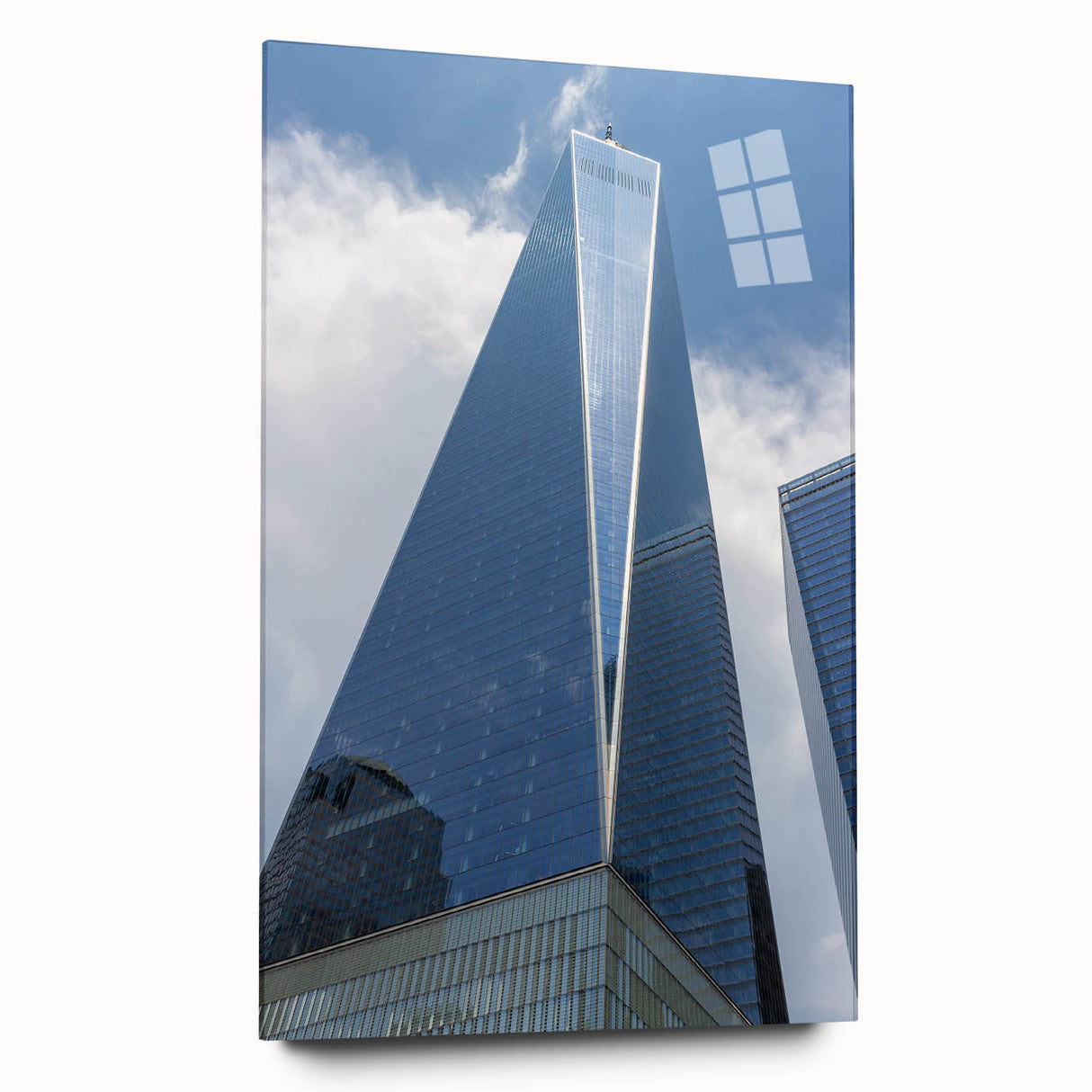 Acrylic print of a large abstract depiction of NYC's skyline in muted gray and blue tones.