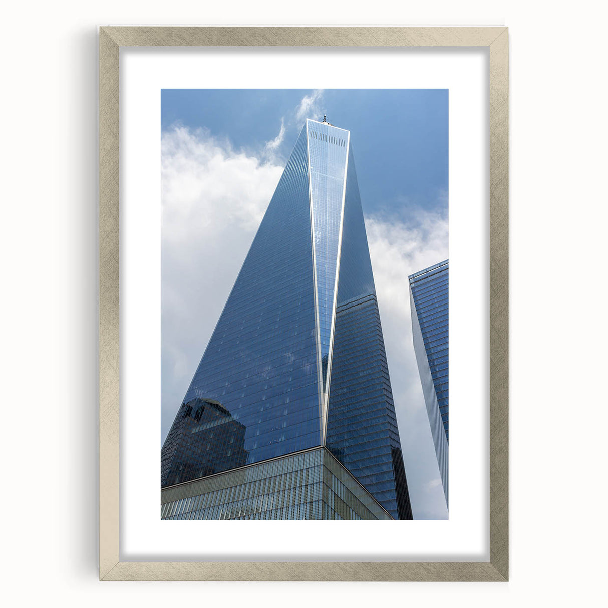 Textured art of NYC skyline in muted gray and blue tones on a framed silver mat, ideal for modern bedroom ambiance.