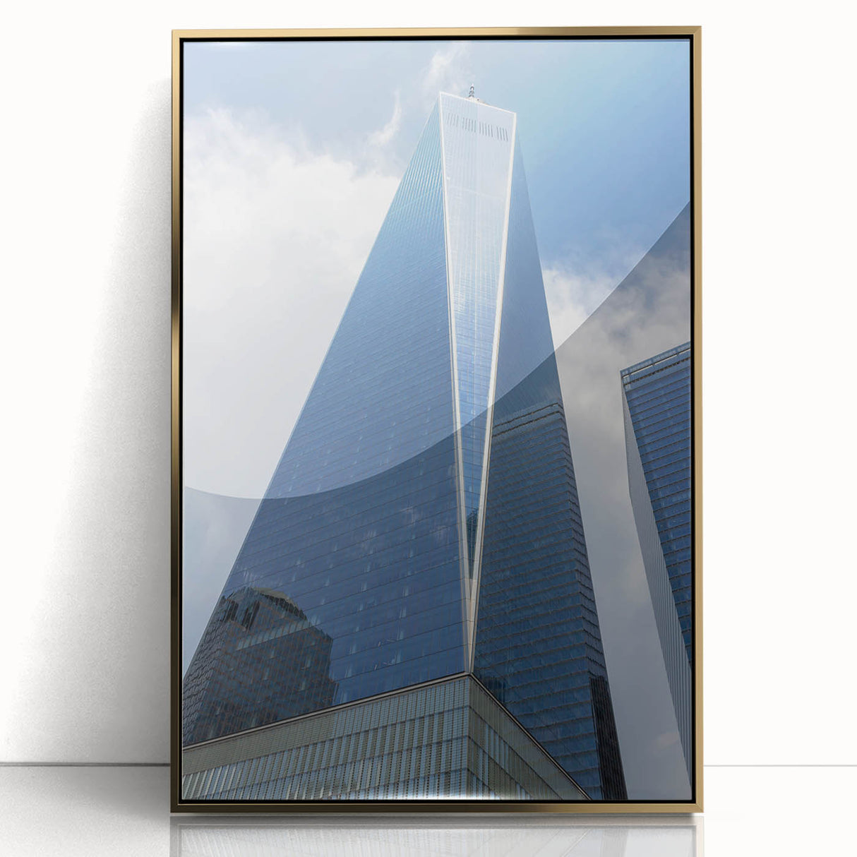 Acrylic print of NYC skyline featuring the Trade Center in gold and black tones, ideal for modern art wall decor.