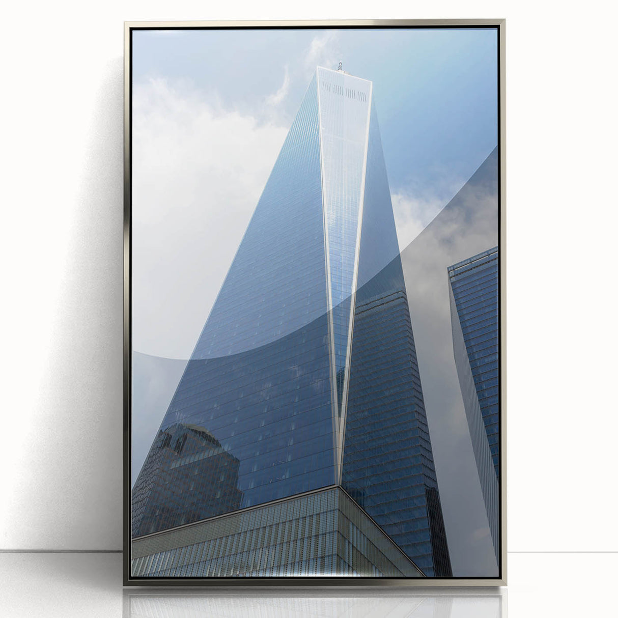 Mid-century modernist art depicting the NYC skyline in muted gray and blue tones.