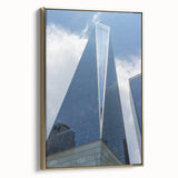 Framed canvas of NYC Trade Center in black and gold tones, ideal for bedroom wall art.