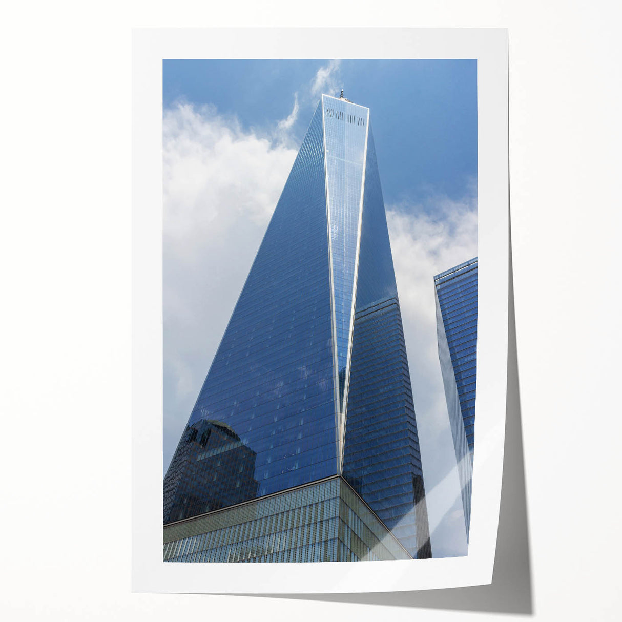Extra large rolled print of NYC Trade Center with muted gray and blue tones, ideal for art wall dining room.