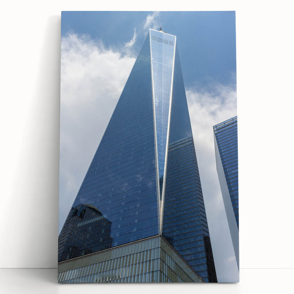 Black and white stretched canvas of NYC Trade Center, ideal for kitchen wall art or bedroom ambiance.