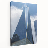 New York City skyline with the Trade Center, in muted gray hues, on a large stretched canvas, ideal for kitchen wall art.