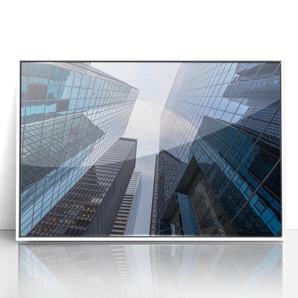 Art deco poster of Wall Street in muted gray and blue tones, framed acrylic, suitable for modern art wall decor.