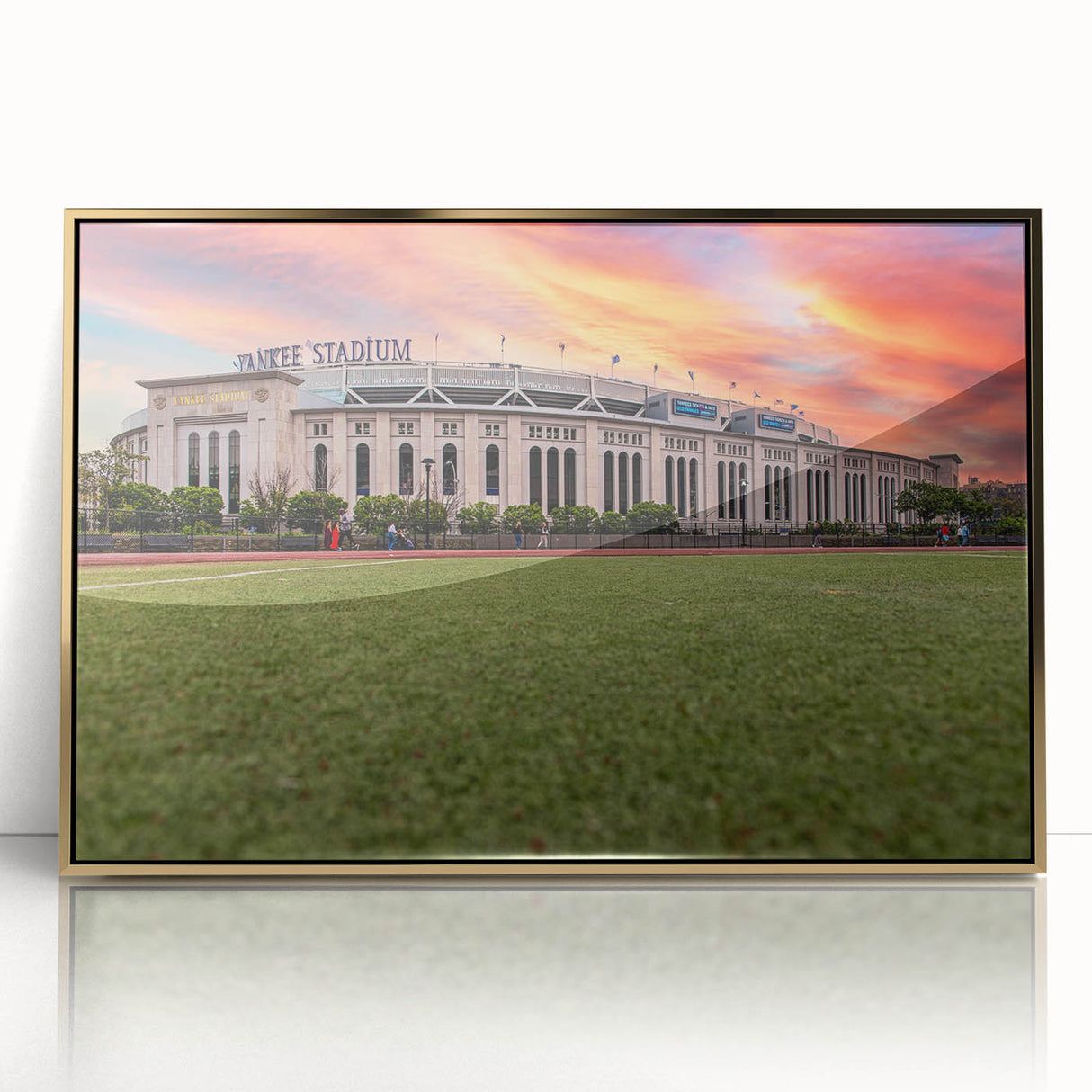 Large art print of the New York City skyline in gold and black tones on framed acrylic, suitable for modern art wall decor.