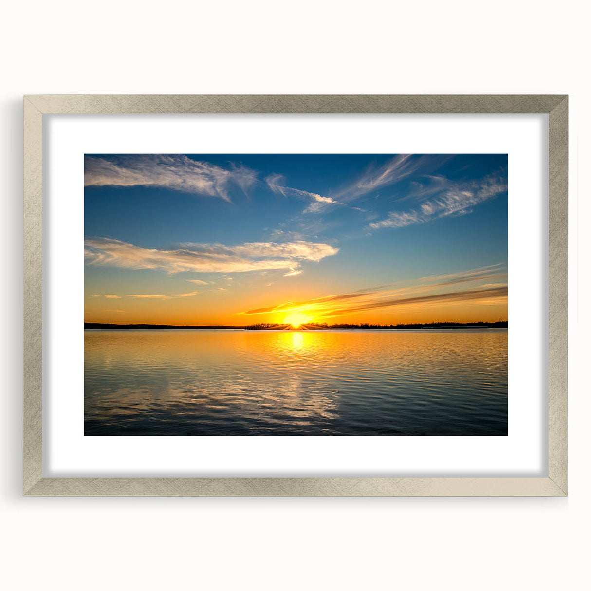 Textured abstract art print of Oklahoma scenery in muted earth tones, framed in silver, ideal for bedroom decor.