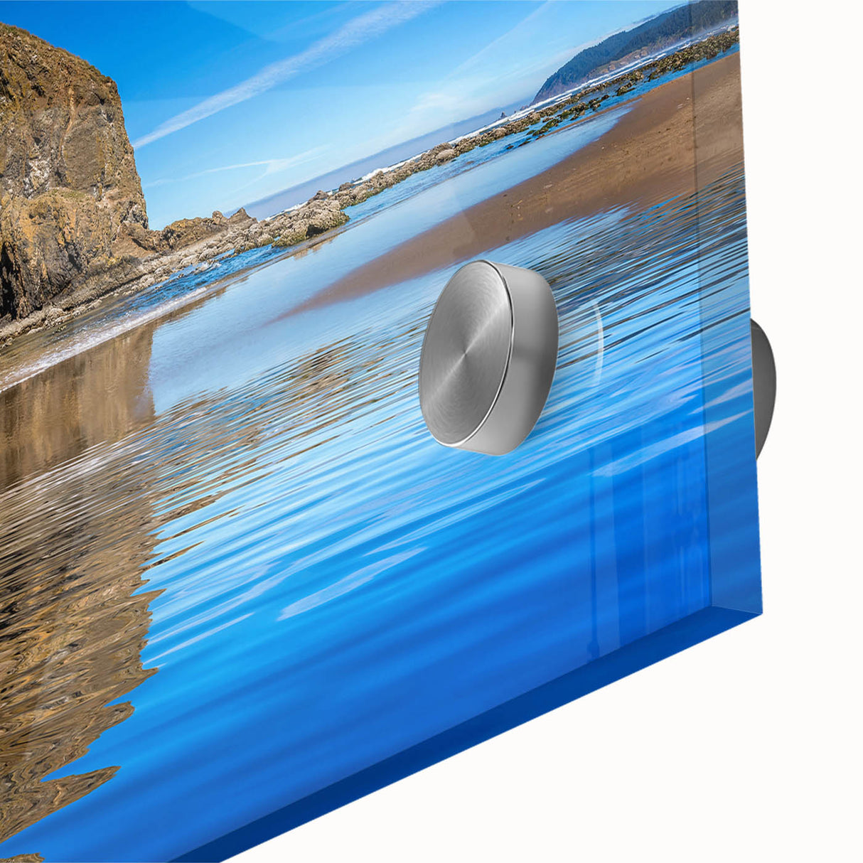Acrylic print of Cannon Beach, Oregon with large abstract forms in muted earth tones, ideal for dining room art.