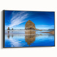 Black and white framed canvas of Cannon Beach, Oregon, in a vintage poster style, ideal for bedroom wall decor.