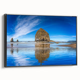Black and white framed canvas of Cannon Beach, Oregon, in a vintage poster style, ideal for bedroom wall decor.