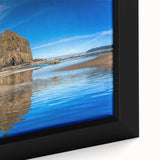 Extra large framed canvas of Cannon Beach, Oregon, featuring textured black and colorful art, suitable for living room decor.