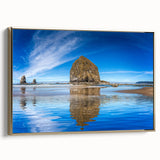 Framed canvas of Cannon Beach, Oregon, in muted gray and black tones, ideal for bedroom wall decor.