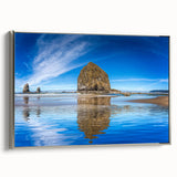 Landscape art painting of Cannon Beach, Oregon on framed canvas, featuring muted gray and blue tones.