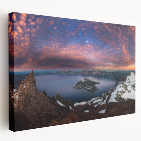 Crater Lake, Oregon depicted in vibrant blues on a stretched canvas, suitable as large kitchen wall art.