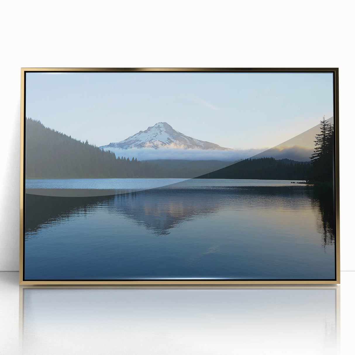 Mid-century modernist art of Mount Hood in muted earth tones, framed acrylic print, suitable for modern art wall decor.