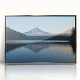 Mid-century modernist art of Mount Hood in muted earth tones, framed acrylic print, suitable for modern art wall decor.