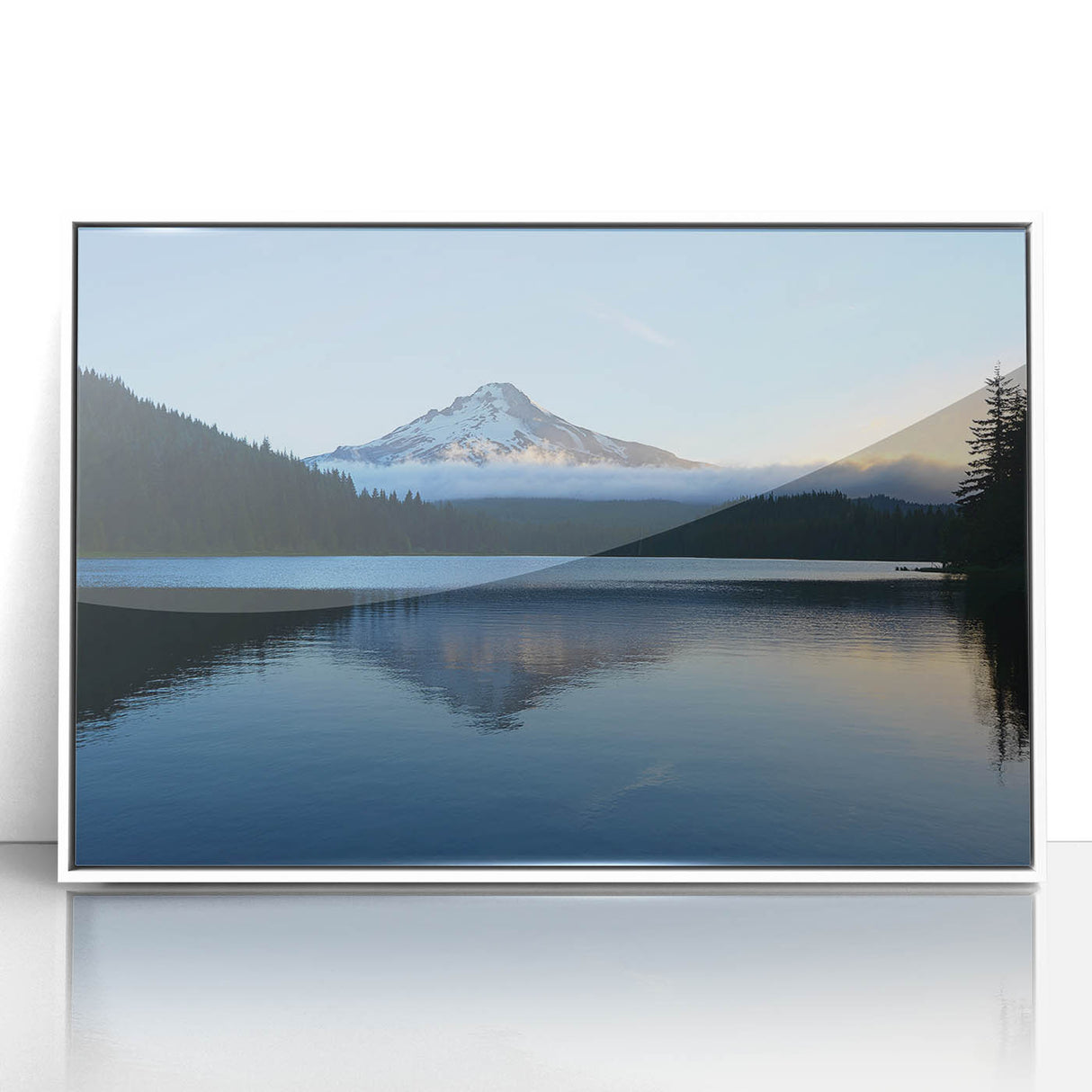 Modern art wall decor featuring Mount Hood, Oregon in muted green and blue tones on a framed acrylic.