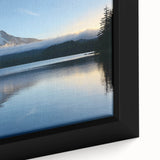 Close-up of textured black wall art featuring Mount Hood, Oregon, in vibrant colors on a framed canvas.