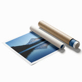 Extra large rolled print of Mount Hood, Oregon, featuring muted green and blue tones, ideal for classy bathroom wall art.
