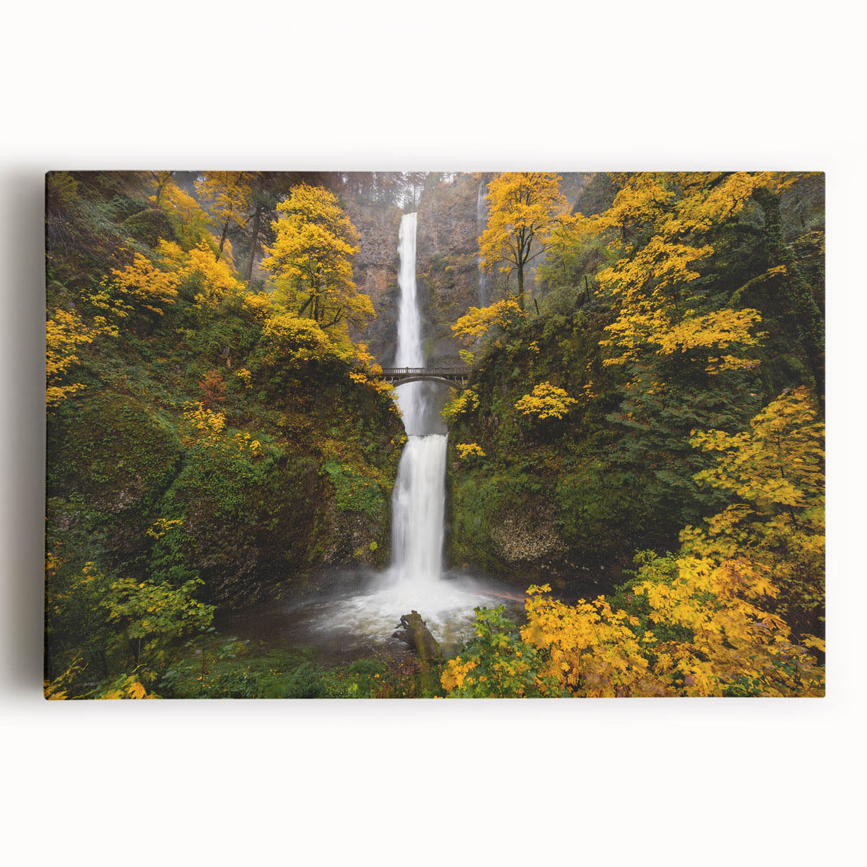 Black and white photo of Multnomah Falls in Oregon on large stretched canvas, ideal for kitchen wall art.
