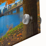 Large abstract wall art of Portland, Oregon in muted earth tones on acrylic glass, ideal for dining room ambiance.