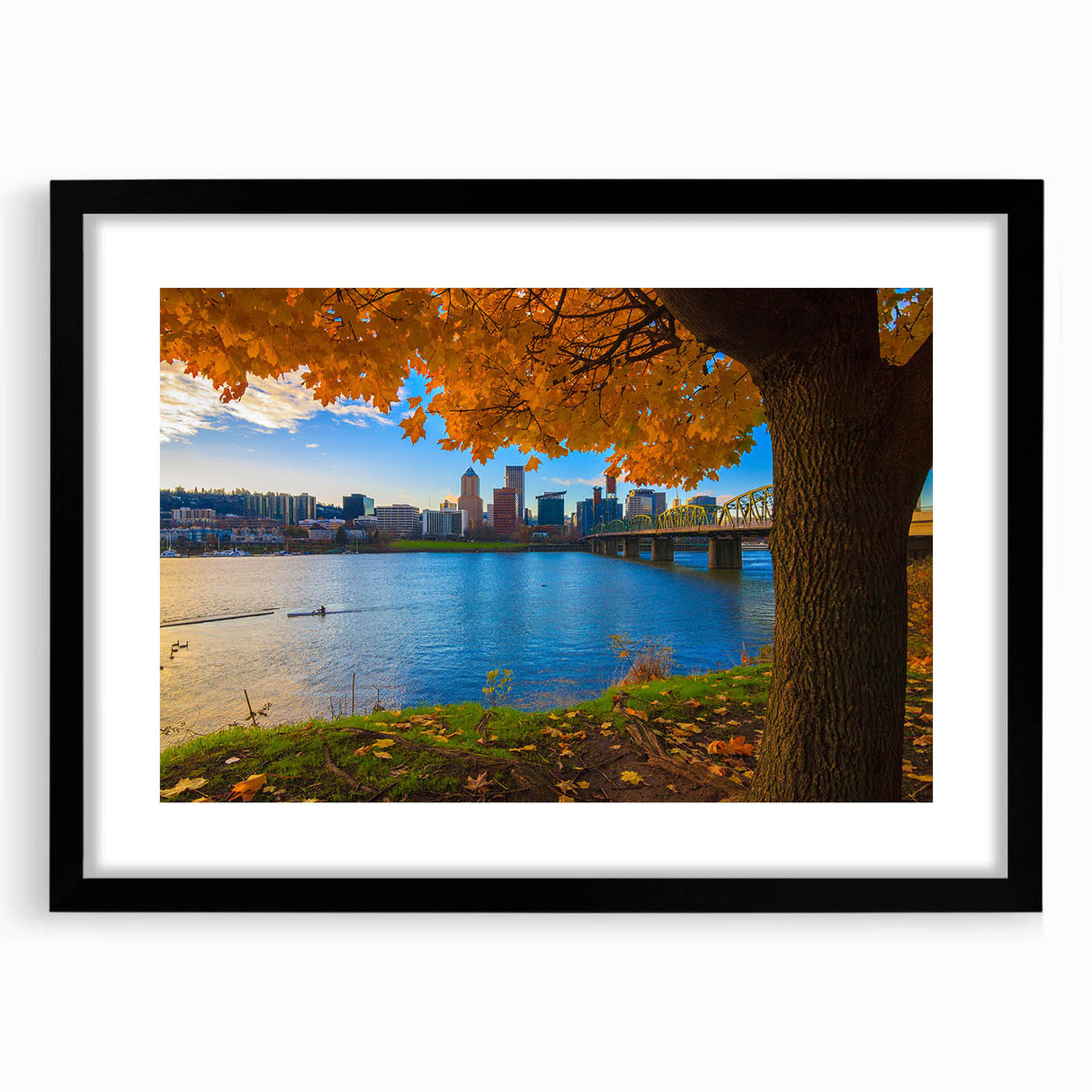 Extra large abstract art print featuring colorful, textured scenery of Portland, Oregon on a black framed canvas.