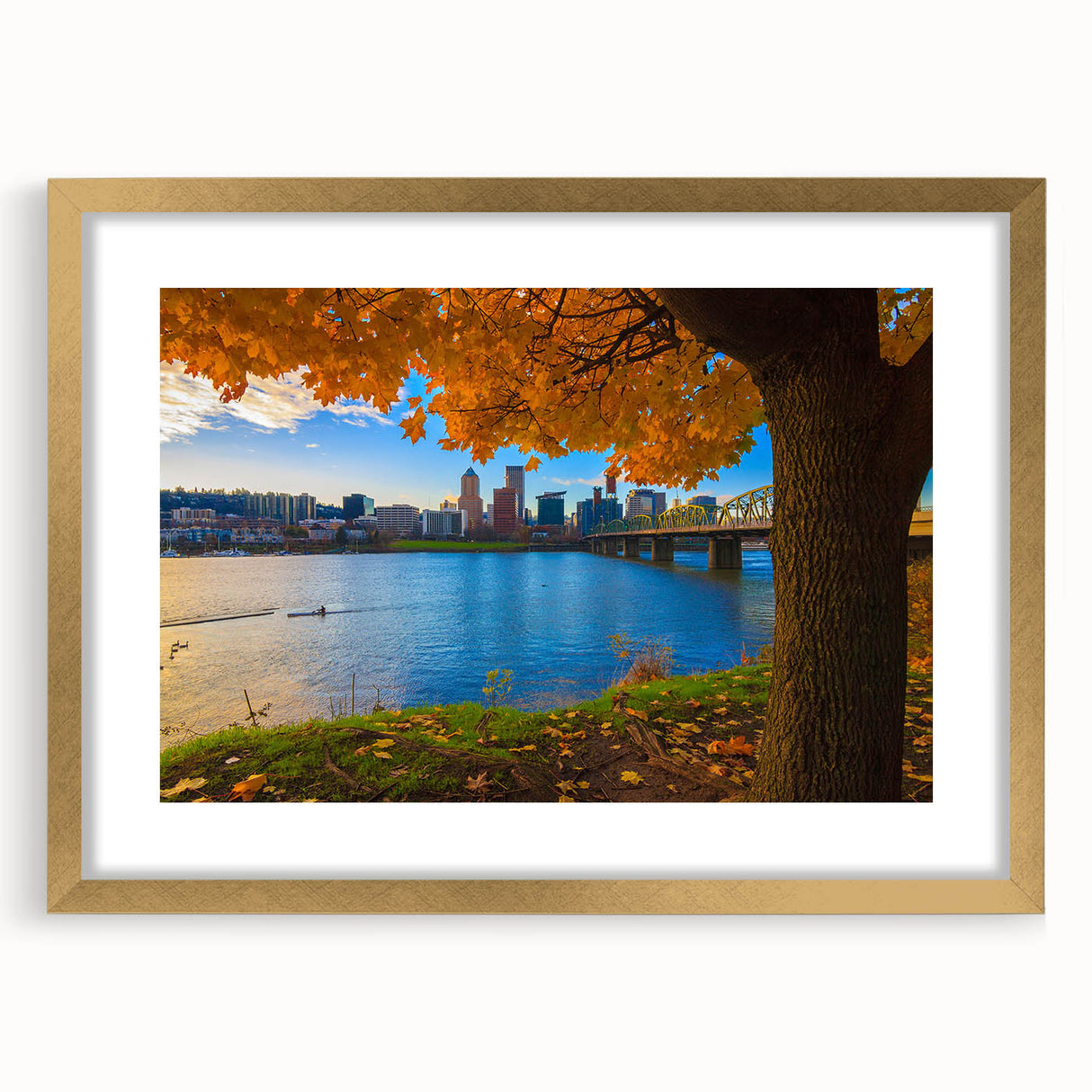 Extra large abstract art print of Portland, Oregon, in textured gold frame, featuring a blend of muted gray and blue tones.