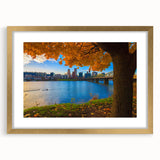 Extra large abstract art print of Portland, Oregon, in textured gold frame, featuring a blend of muted gray and blue tones.