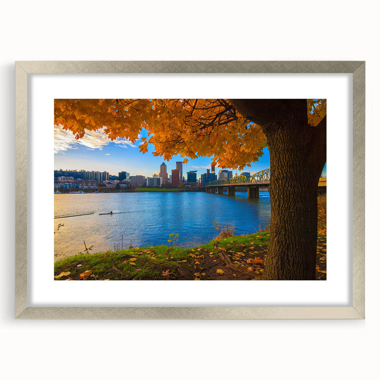 Textured abstract art print depicting Portland, Oregon, in muted earth tones on a silver-framed mat, ideal for bedroom art.