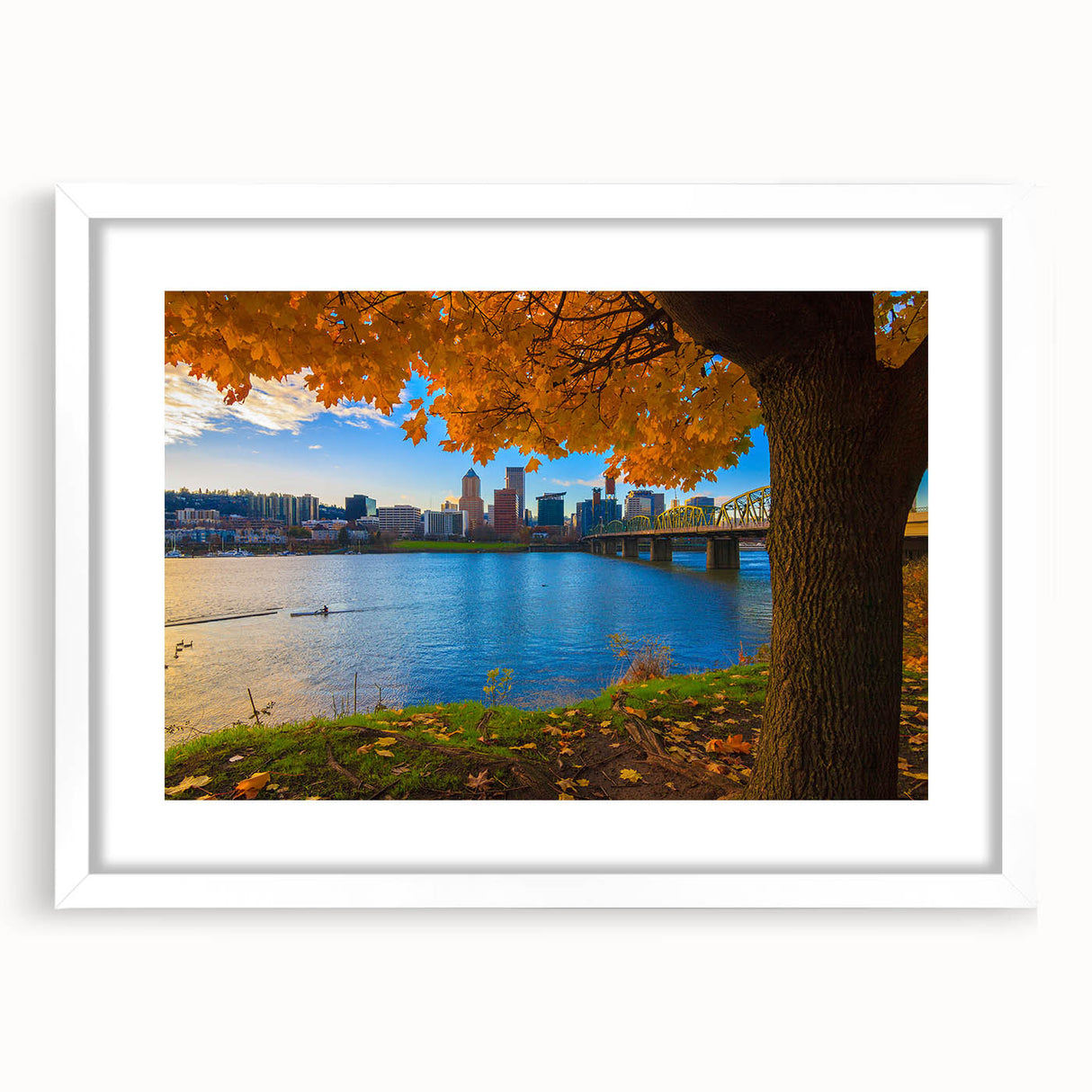 Abstract art print of Portland, Oregon, in muted gray and blue tones on a white framed canvas.
