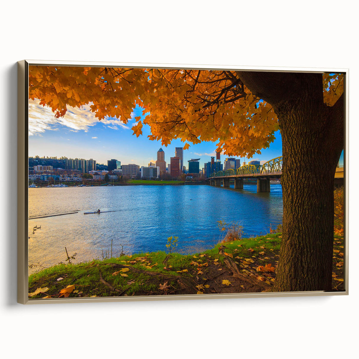 Framed canvas featuring a vintage-style landscape painting of Portland, Oregon, in black and gold tones.