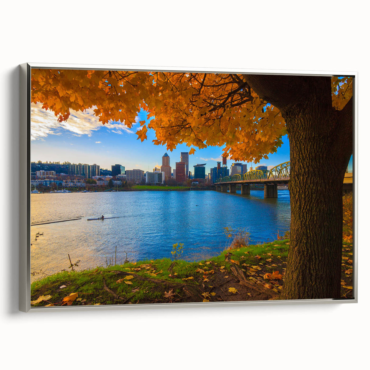 Framed canvas featuring a vintage-style landscape art painting of Portland, Oregon in colorful tones.