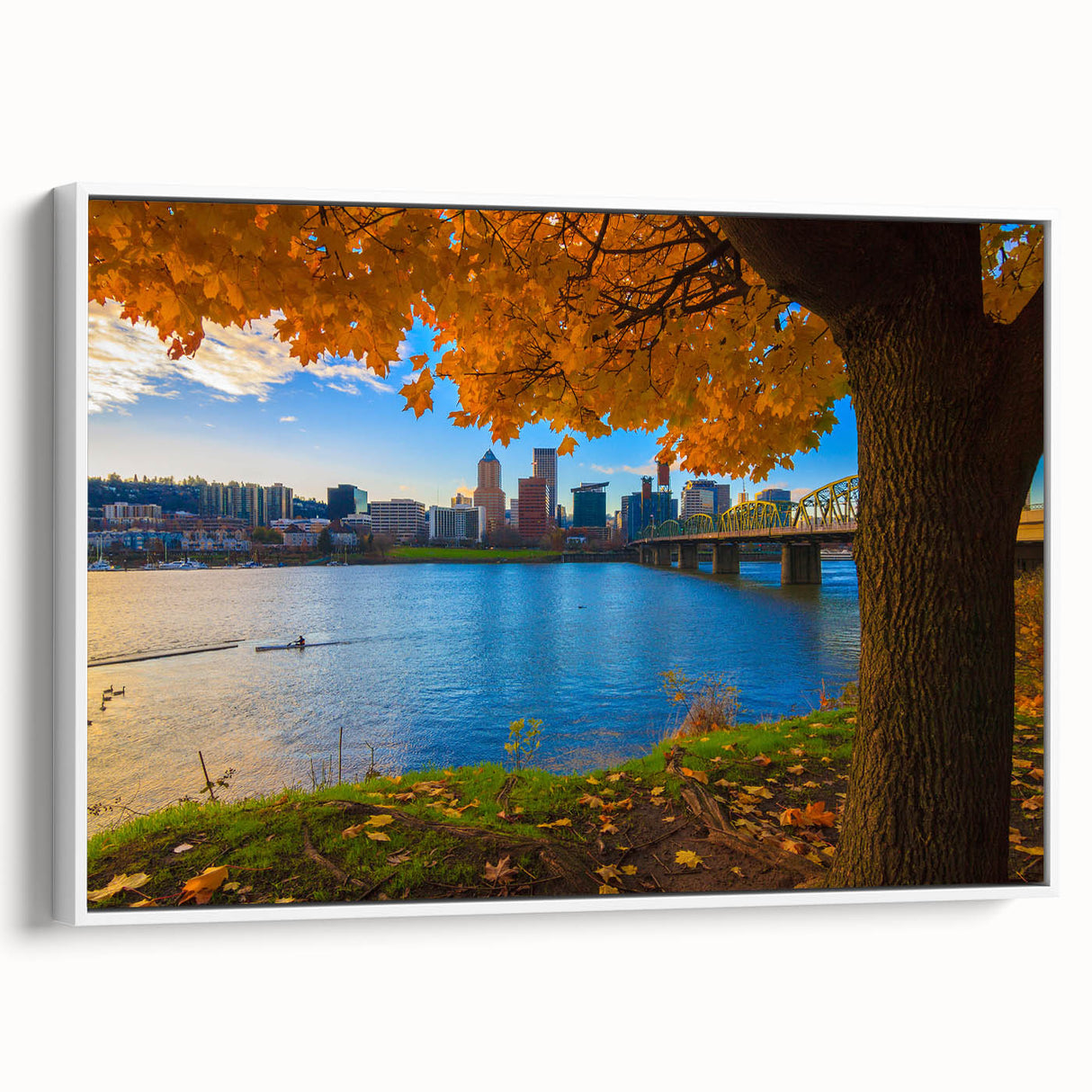 Vintage poster art of Portland, Oregon on extra large framed canvas, featuring colorful art against a black background.