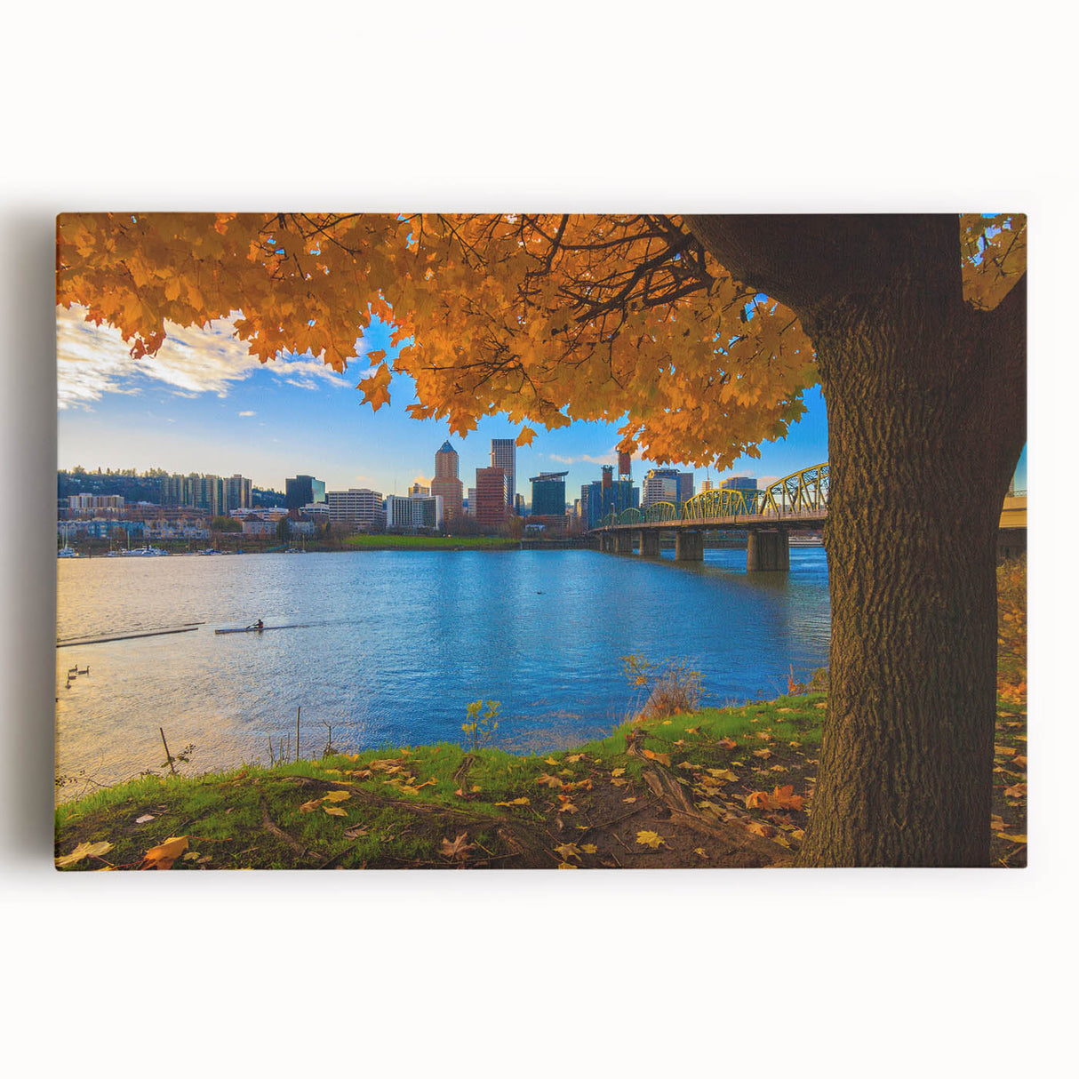 Black and white photograph of Portland, Oregon skyline on large stretched canvas, suitable for kitchen wall art.