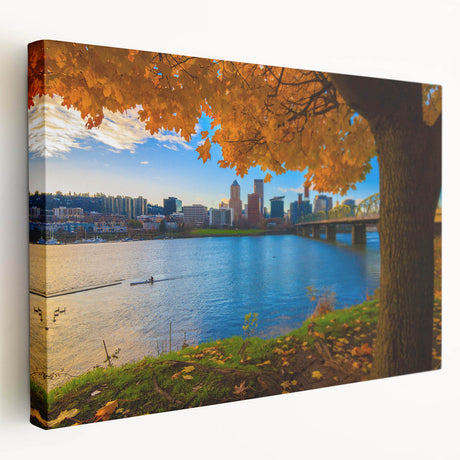 Side view of a stretched canvas featuring a scenic Portland, Oregon landscape in muted green and blue tones.