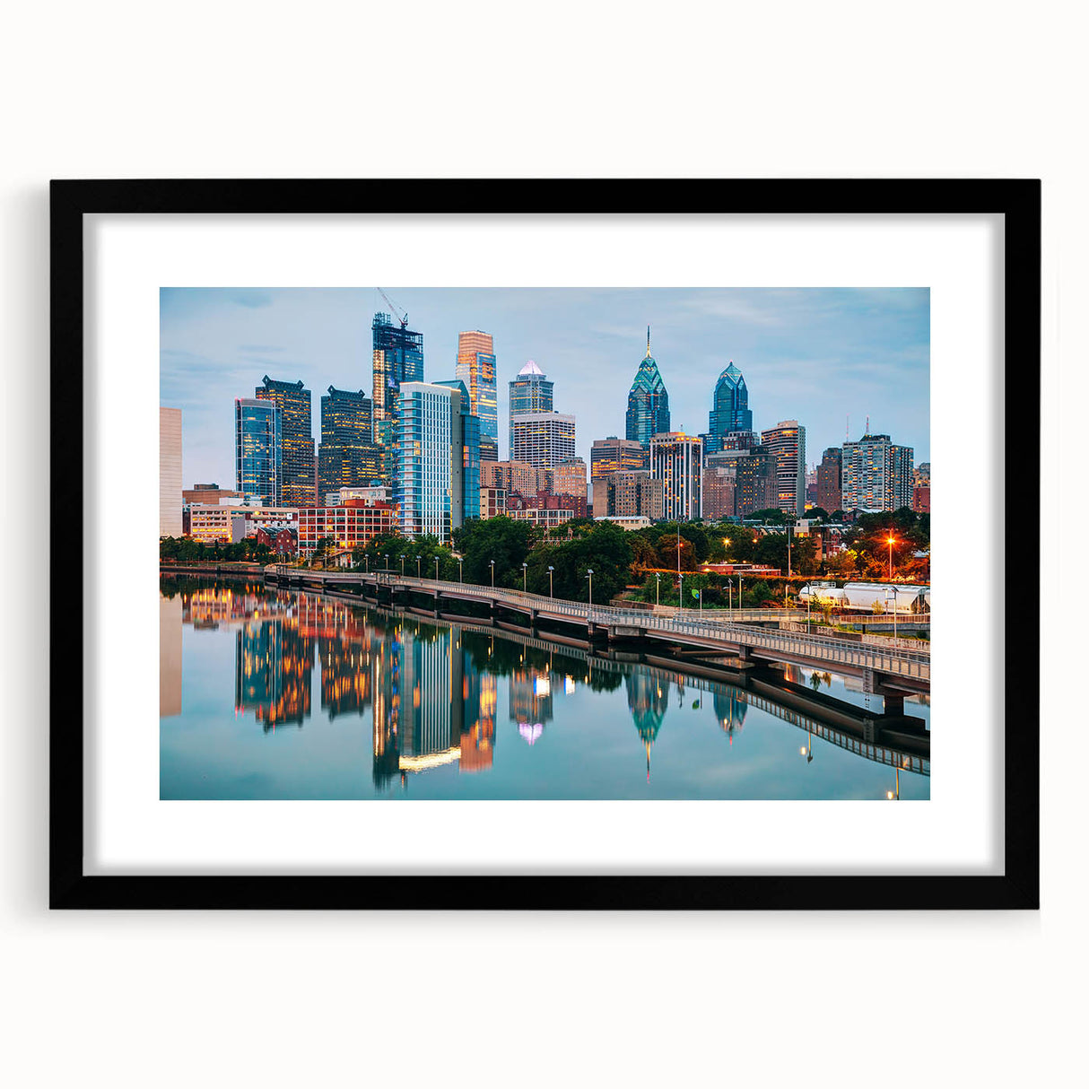 Abstract art print of Philadelphia skyline in vibrant colors on a large textured canvas, ideal for living room decor.