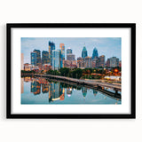 Abstract art print of Philadelphia skyline in vibrant colors on a large textured canvas, ideal for living room decor.