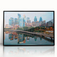 Large abstract wall art of Philadelphia skyline in muted gray and blue tones on framed acrylic.