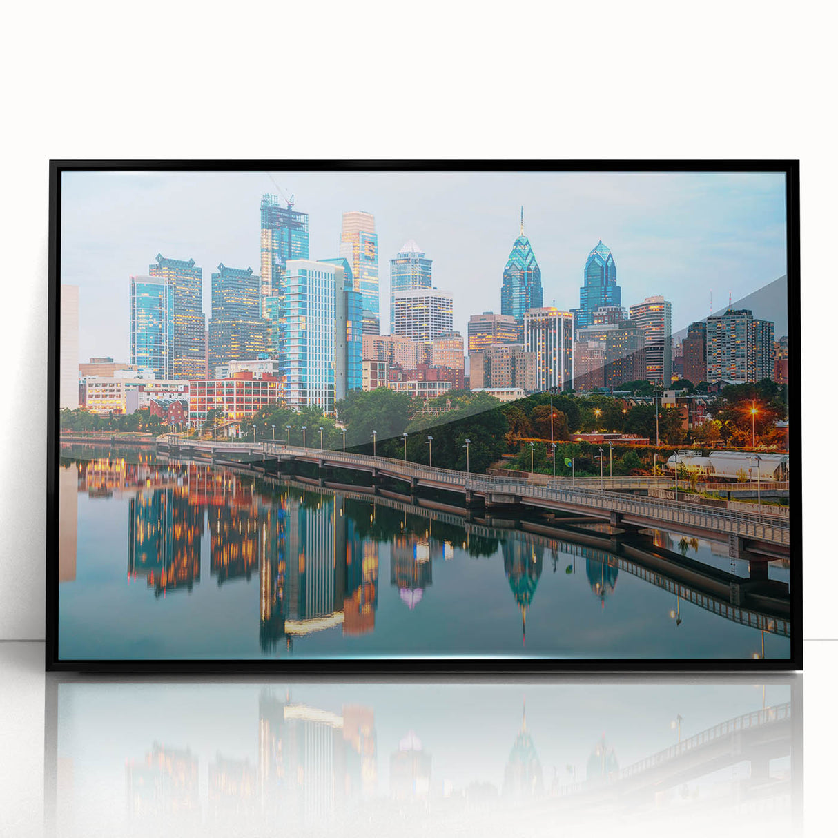 Large abstract wall art of Philadelphia skyline in muted gray and blue tones on framed acrylic.