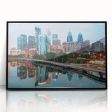 Large abstract wall art of Philadelphia skyline in muted gray and blue tones on framed acrylic.