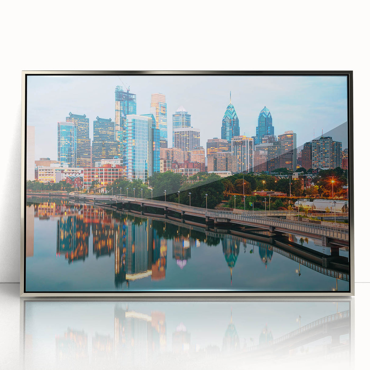 Mid-century modernist art depicting the Philadelphia skyline in muted blues and grays, framed acrylic print.