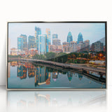 Mid-century modernist art depicting the Philadelphia skyline in muted blues and grays, framed acrylic print.