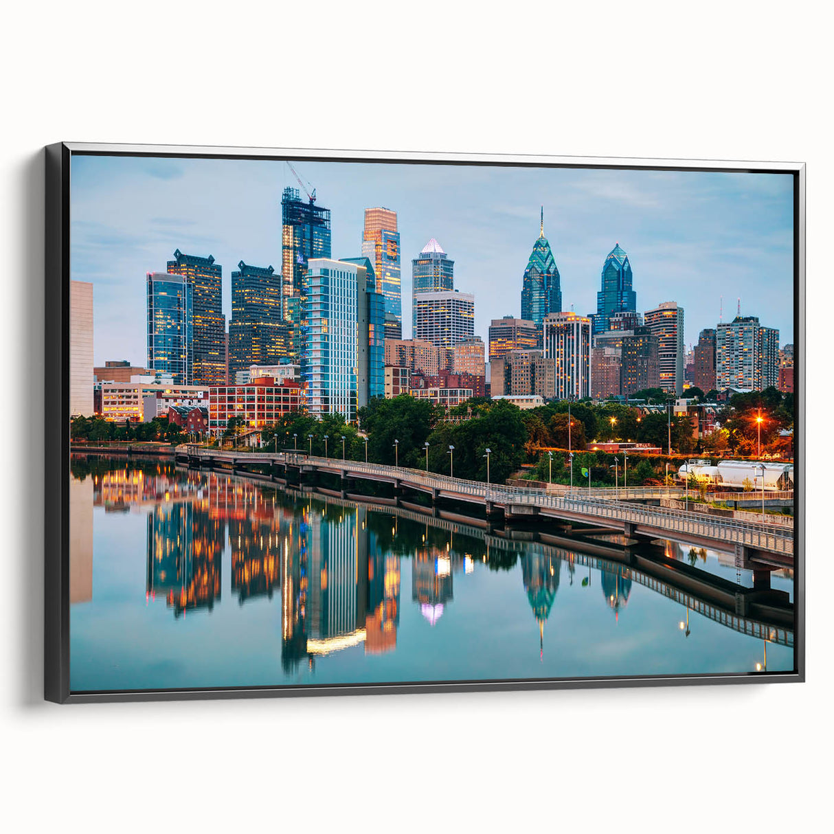 Black and white wall art of Philadelphia skyline, framed canvas, ideal for bedroom decor.