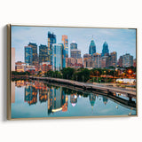 Framed canvas of a vintage-style Philadelphia landscape in muted gold and black tones, ideal for bedroom wall art.