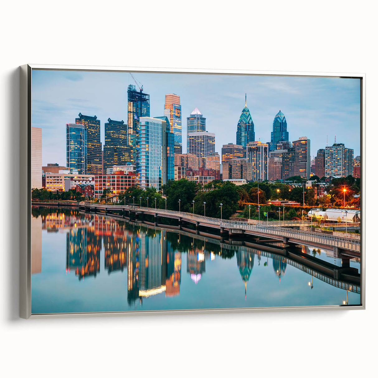 Framed canvas of a vintage-style Philadelphia landscape painting with colorful art elements, ideal for living room decor.