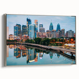 Framed canvas of a vintage-style Philadelphia landscape painting with colorful art elements, ideal for living room decor.