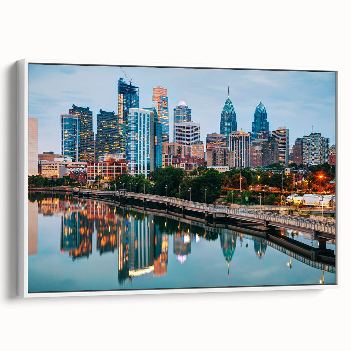 Vintage poster art of Philadelphia skyline in colorful hues on extra large framed canvas, ideal for living room decor.