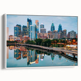 Vintage poster art of Philadelphia skyline in colorful hues on extra large framed canvas, ideal for living room decor.